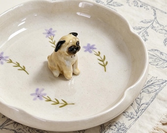 Handmade Pug Dog Ring Holder, Ceramic Pet Jewelry Dish, Lavender Floral Trinket Tray