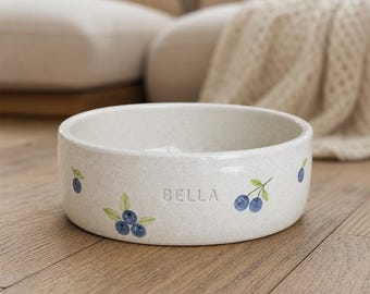 Personalized Ceramic Pet Bowl, Custom Name Dog Cat Food Dish, Fruit Pattern Handmade
