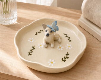 Handmade Ceramic Pet Ring Dish, Blue Butterfly Dog, Daisy Garden Storage Tray