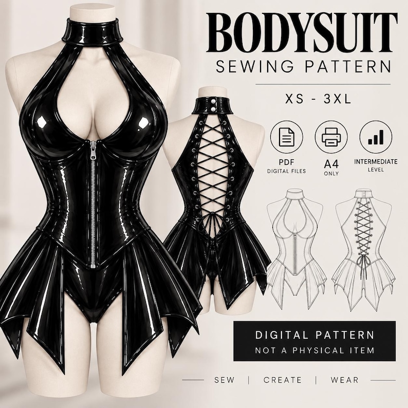 May include: A black bodysuit sewing pattern featuring a high-neck, front-zippered design with a flared skirt and a lace-up back. The digital pattern includes sizes XS to 3XL, A4 printing, and intermediate level instructions for this garment.