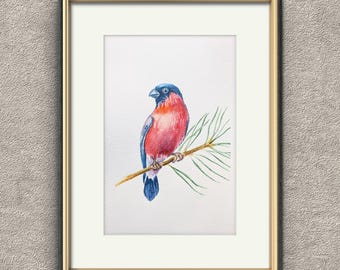 Originele goudvink-aquarel: kunst kleine vogel