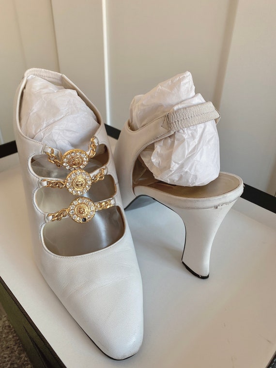 Gianni Versace Gold Medusa white heels