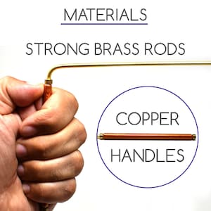 May include: A close-up of a hand holding a bent brass rod. The text "STRONG BRASS RODS" is above the rod. A circle with the text "COPPER HANDLES" and a copper rod inside is to the right of the hand.