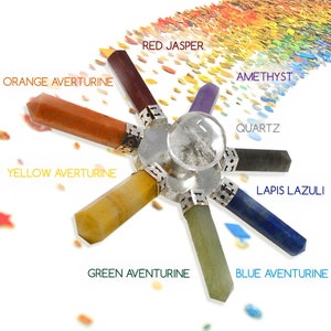 Pu&ograve; includere: Una ruota del chakra di cristallo a sette punte con un cristallo di quarzo trasparente al centro. Le punte sono fatte di diaspro rosso, avventurina arancione, avventurina gialla, avventurina verde, avventurina blu, lapislazzuli e ametista.