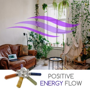 Pu&ograve; includere: Una griglia di cristalli con sette punti, ogni punto &egrave; un cristallo di colore diverso. La griglia &egrave; su uno sfondo bianco con il testo "POSITIVE ENERGY FLOW" in nero.