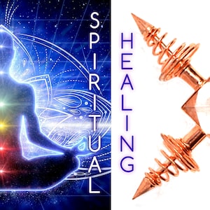 May include: A copper colored, double-ended, spiral shaped healing tool with a pointed tip on each end. The tool is on a white background. The text "HEALING" is written vertically in purple on the left side of the image. The text "SPIRITUAL" is written vertically in purple on the right side of the image. The image also shows a silhouette of a person sitting in a meditative pose with seven colored circles around the body, representing the seven chakras.