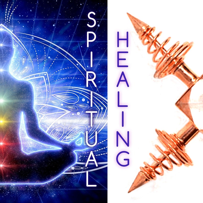 May include: A copper colored, double-ended, spiral shaped healing tool with a pointed tip on each end. The tool is on a white background. The text "HEALING" is written vertically in purple on the left side of the image. The text "SPIRITUAL" is written vertically in purple on the right side of the image. The image also shows a silhouette of a person sitting in a meditative pose with seven colored circles around the body, representing the seven chakras.