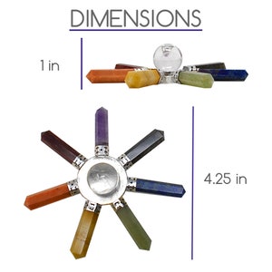 Pu&ograve; includere: Una stella di cristallo chakra a sette punte con un cristallo di quarzo trasparente al centro. Le punte sono fatte di ametista, diaspro rosso, corniola arancione, citrino giallo, aventurina verde, lapislazzuli blu e sodalite indaco. La stella misura 10,8 cm di diametro e ogni punta misura 2,5 cm di lunghezza.