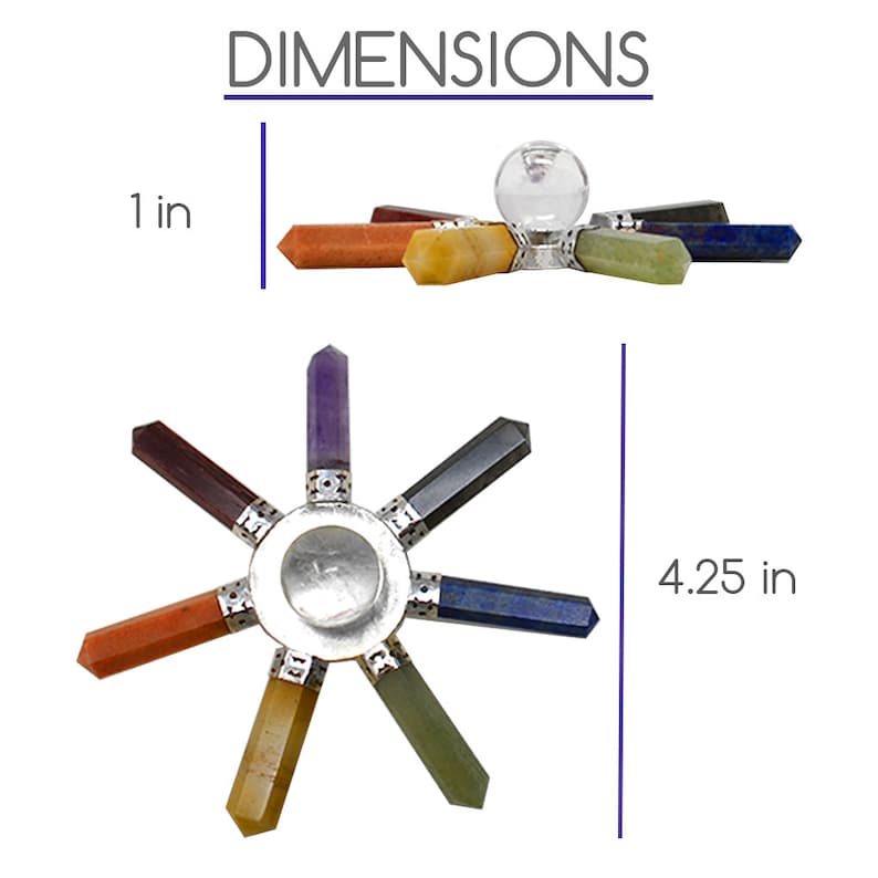 Pu&ograve; includere: Una stella di cristallo chakra a sette punte con un cristallo di quarzo trasparente al centro. Le punte sono fatte di ametista, diaspro rosso, corniola arancione, citrino giallo, aventurina verde, lapislazzuli blu e sodalite indaco. La stella misura 10,8 cm di diametro e ogni punta misura 2,5 cm di lunghezza.