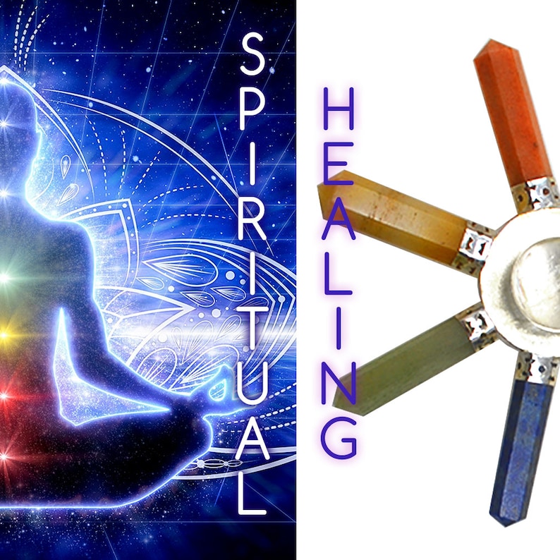 Pu&ograve; includere: Un kit di rituale di guarigione spirituale con sette bacchette di cristallo color chakra disposte a forma di stella attorno a una base argentata. La parola "GUARIGIONE" &egrave; scritta verticalmente in lettere viola sul lato destro dell'immagine. La parola "SPIRITUALE" &egrave; scritta verticalmente in lettere bianche sul lato sinistro dell'immagine.
