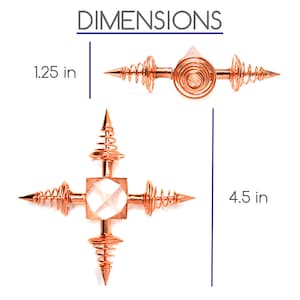 May include: A copper orgonite pyramid with four copper spirals, each with a pointed tip. The pyramid is 4.5 inches tall and 1.25 inches wide.