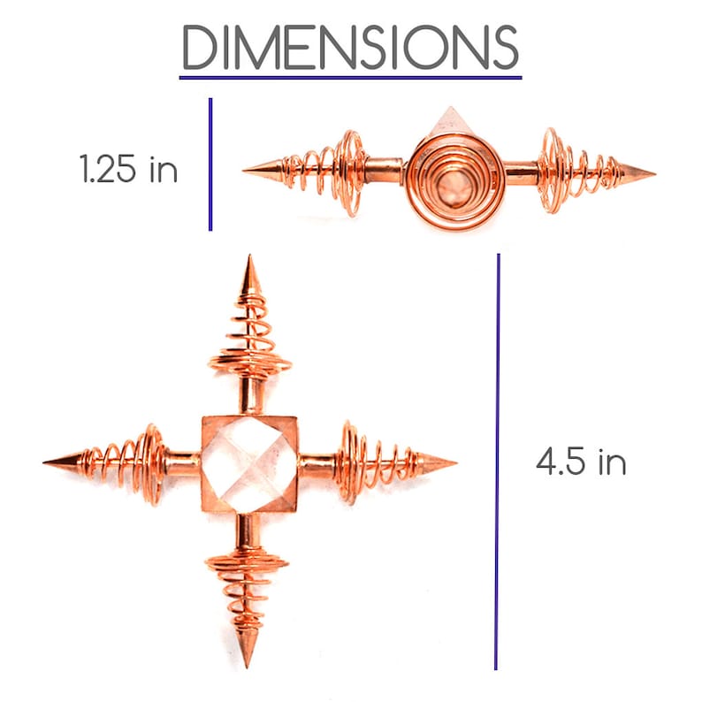 May include: A copper orgonite pyramid with four copper spirals, each with a pointed tip. The pyramid is 4.5 inches tall and 1.25 inches wide.