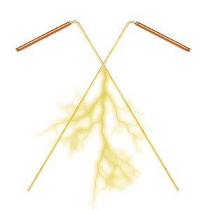 May include: Two gold-colored metal rods crossed at the center, with a yellow lightning bolt effect emanating from the point where they intersect.