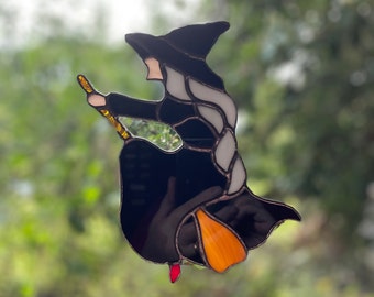 Stained Glass Halloween Witch on Broomstick Suncatcher