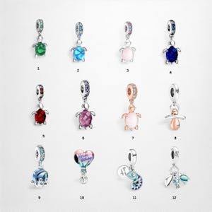 May include: A collection of silver-toned charm pendants. The charms feature various designs, including turtles with colored gemstone shells, an octopus, a pacifier, a hot air balloon, a fish, and a cluster of leaves. Each charm has a loop for attaching to a bracelet or necklace.