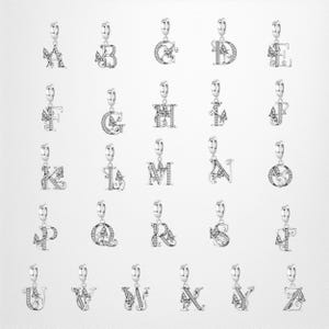 Può includere: Una collezione di ventisei ciondoli alfabetici in metallo color argento, ognuno caratterizzato da un intricato design a lettera decorato con piccole pietre chiare e un piccolo dettaglio a farfalla. Ogni ciondolo ha un occhiello.