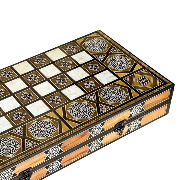 SALE Backgammon Board and Chess Set From Lebanon - Traditional Arabian Mother of Pearl Inlays - Handmade Checkers Board