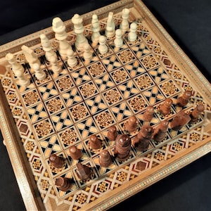 Deluxe Chess Set and Checkers Board From Lebanon | Handmade & Real Mosaic Inlays | Mother of Pearl | Vintage Antique Chess | Gift For Him