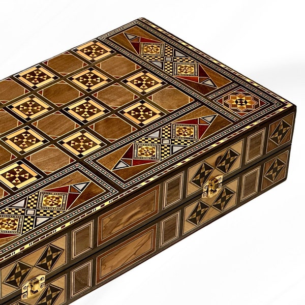 16-inch handgemaakt backgammonbord en schaakspel uit Libanon met bordspel van echt hout en parelinleg