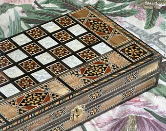 S Backgammon Set and Chess Board From Lebanon | 3 in 1 | Classic Handmade Wooden Backgammon | Vintage Real Mosaic Inlay | Free DHL Express