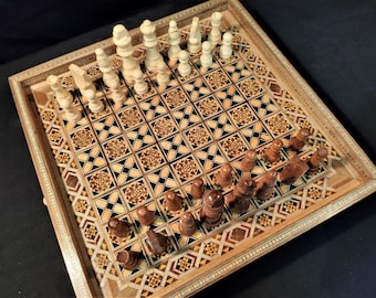 Deluxe Chess Set and Checkers Board From Lebanon | Handmade & Real Mosaic Inlays | Mother of Pearl | Vintage Antique Chess | Gift For Him