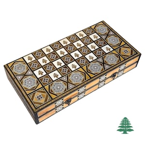 Tablero de backgammon y ajedrez ARZE del Líbano: juego de damas hecho a mano con incrustaciones tradicionales de nácar árabe. Envío exprés.