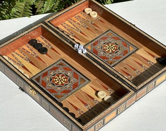 Backgammon Board and Chess Set from Lebanon - Genuine Pearl Inlays and Mosaic Wood - 12&quot;x12&quot; Customizable with your Name - Gift Idea