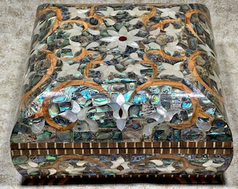 Large Pearl Jewelry Box From Lebanon - Handmade using Natural Mediterranean Mother of Pearl Inlays and Natural Olive Wood