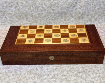 Backgammon Set and Chess Board from Lebanon Pheonician Design - Handmade Inlaid Wooden Checkers Game with Chess and Backgammon Pieces