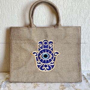 Hamsa Hand Evil Eye Burlap Bolso del Líbano - Bolso de playa de tela de arpillera libanesa hecho a mano y bolso grande