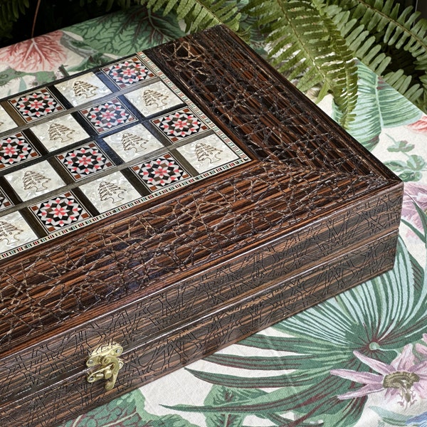 Arab Walnut Backgammon Set and Chess Board From Lebanon l Handmade Wood and Mosaic Inlays