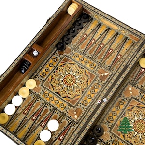 Juego de backgammon XL Pearl y tablero de ajedrez plegable del Líbano: backgammon libanés hecho a mano con damas y piezas de ajedrez.