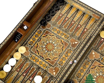 XL Pearl Backgammon Set and Folding Chess Board From Lebanon - Handmade Lebanese Backgammon with Checkers and Chess Pieces