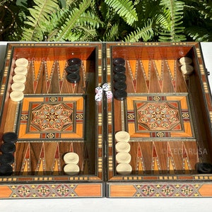 Juego de ajedrez de 16" y backgammon con incrustaciones de perlas y madera de lujo - طاولة زهر من لبنان Tawla