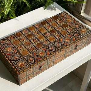 Juego de tablero de backgammon y ajedrez de 20" del Líbano con incrustaciones de perlas reales - Damas hechas a mano, ajedrez, juego de mesa libanés de backgammon