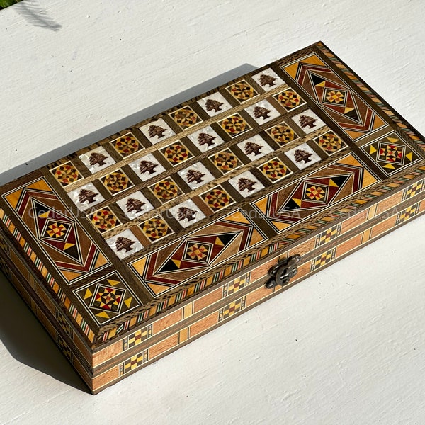 S Backgammon Set and Chess Board From Lebanon | 3 in 1 | Lebanese CEDAR Tree Wooden Backgammon |  Real Mosaic Inlay |  DHL Express