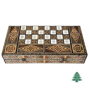 Juego de ajedrez y backgammon de 20" con grabado fenicio del Líbano - Incrustaciones de nácar - Juego de damas hecho a mano con envío exprés