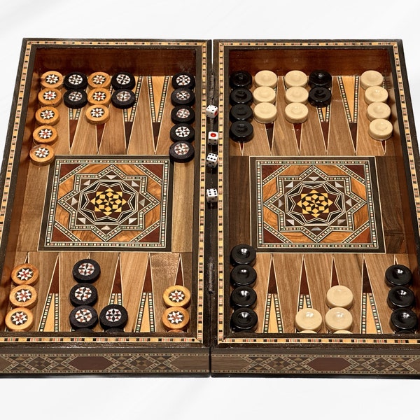 12" Backgammon Board Set and Chess Set From Lebanon | Lebanese Handmade Board Game with Mother of Pearl Inlays Dark Wooden Checkers Pieces