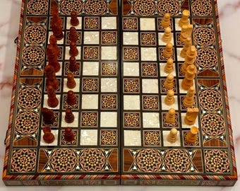 Lux Backgammon Board - Lebanese Handmade Backgammon Game Chess Set - Vintage & Antique Design from Lebanon - Checkers Personalizable