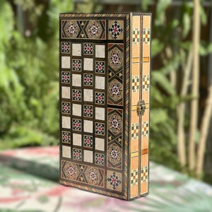 12&quot; Backgammon Set and Chess Board from Lebanon- Handcrafted Checkers Game with Mother of Pearl Inlays and Wooden Chess Pieces Checkers Dice