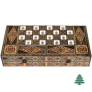 Juego de ajedrez y backgammon grabado CEDAR del Líbano - Incrustaciones de nácar - Juego de mesa de damas hecho a mano con envío exprés