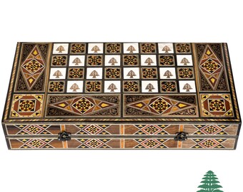 CEDAR Engraved Chess and Backgammon Set From Lebanon - Mother of Pearl Inlays - Handmade Checkers Board Game with Express Shipping