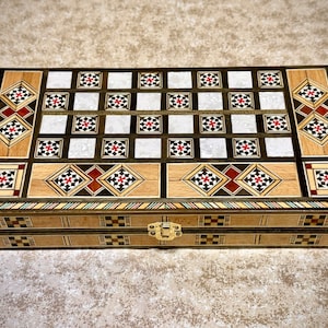 3 in 1 Backgammon Board Set and Chess Set From Lebanon | Lebanese Handmade Board Game with Mother of Pearl Inlays Wood Checkers Pieces