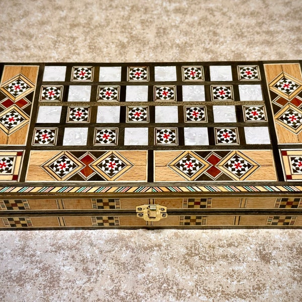 3 in 1 Backgammon Board Set and Chess Set From Lebanon | Lebanese Handmade Board Game with Mother of Pearl Inlays Wood Checkers Pieces