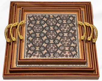 Handmade Wooden Serving Tray with Pearl Inlays from Lebanon - Oriental Square Geometric Design Platter Cheeseboard