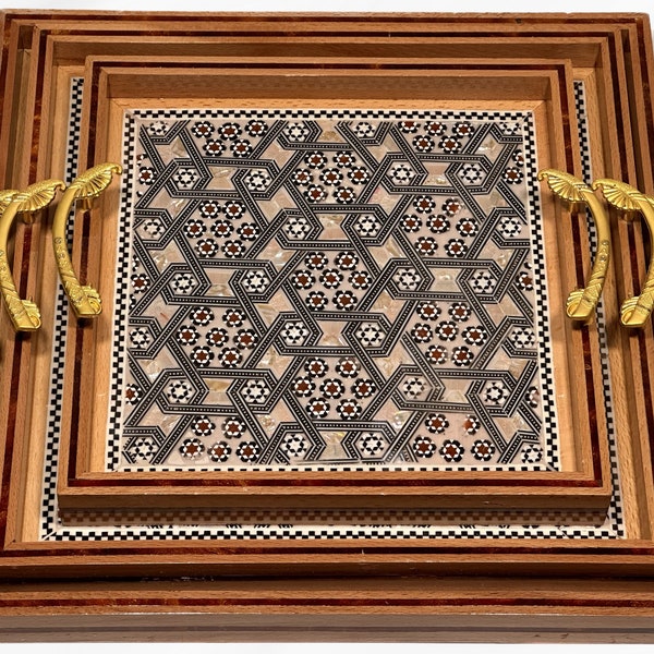 Handmade Wooden Serving Tray with Pearl Inlays from Lebanon - Oriental Square Geometric Design Platter Cheeseboard