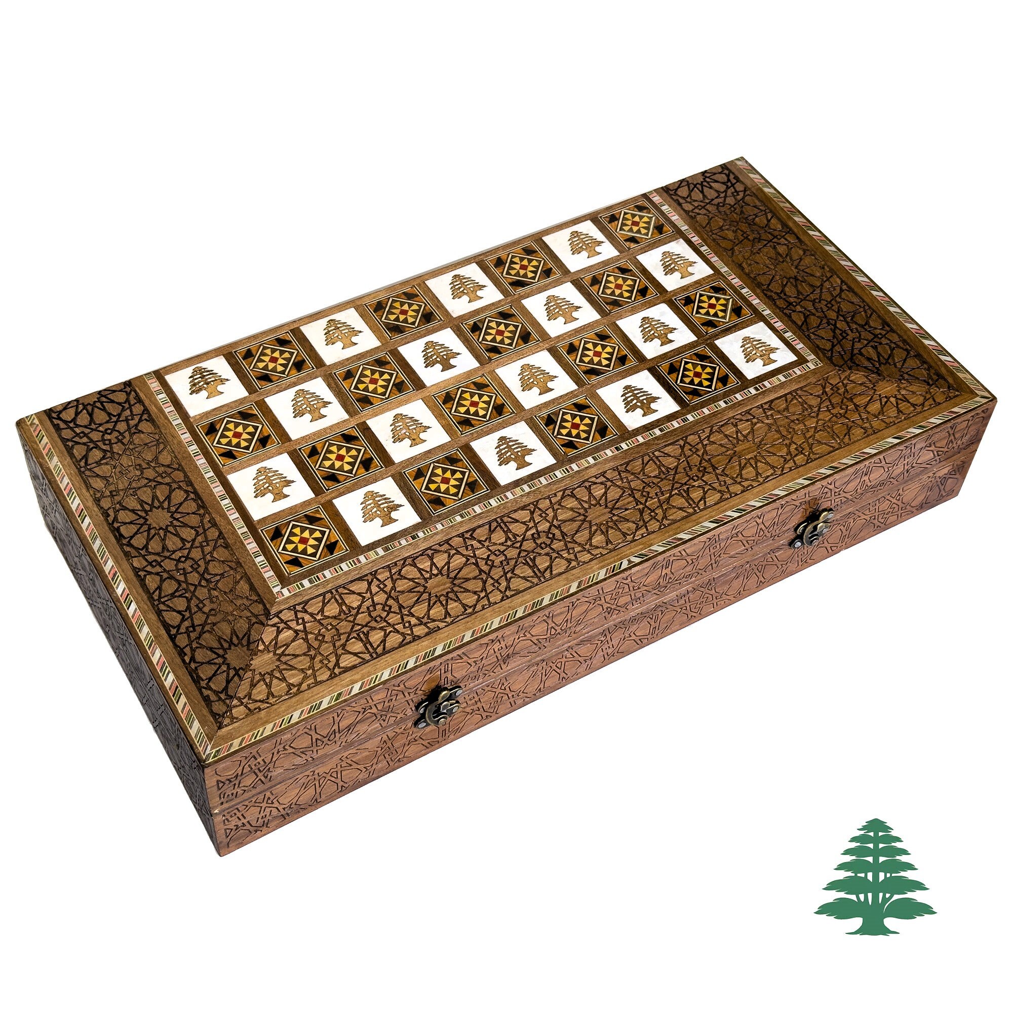 Arab Engraved Backgammon Set and Chess Board From Lebanon l Deluxe Handmade Premium Wood and Walnut Mosaic Inlays