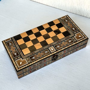 12&quot; Backgammon Board Set and Chess Set From Lebanon | Lebanese Handmade Game with Real Mother of Pearl Inlays Dark Wooden Checkers Pieces