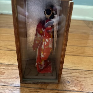 Vintage Japanese Geisha Doll in Wooden Display Box  Circa 1950s