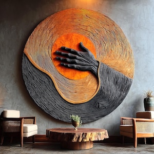 Hand-Carved Wooden Sun Sculpture: Modern Abstract Wall Art